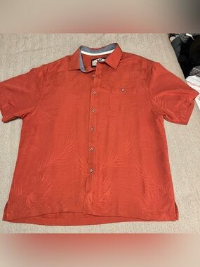 Bahama Bay Club Button Up Shirt, Burnt Orange, Textured Tropical Pattern